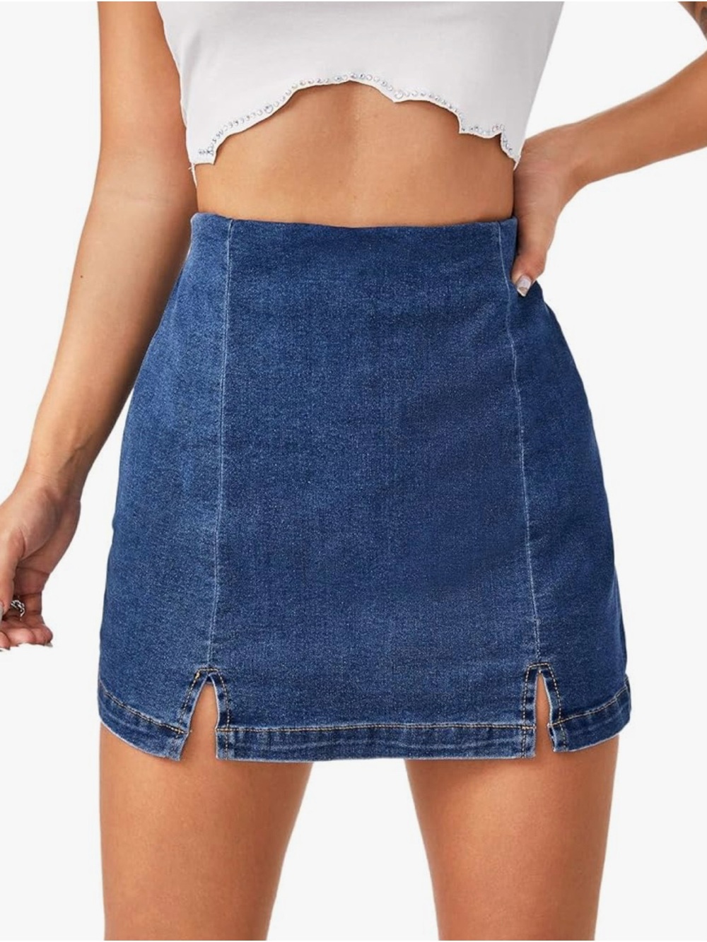 High-Rise Blue Denim Mini Skort with Front Slits